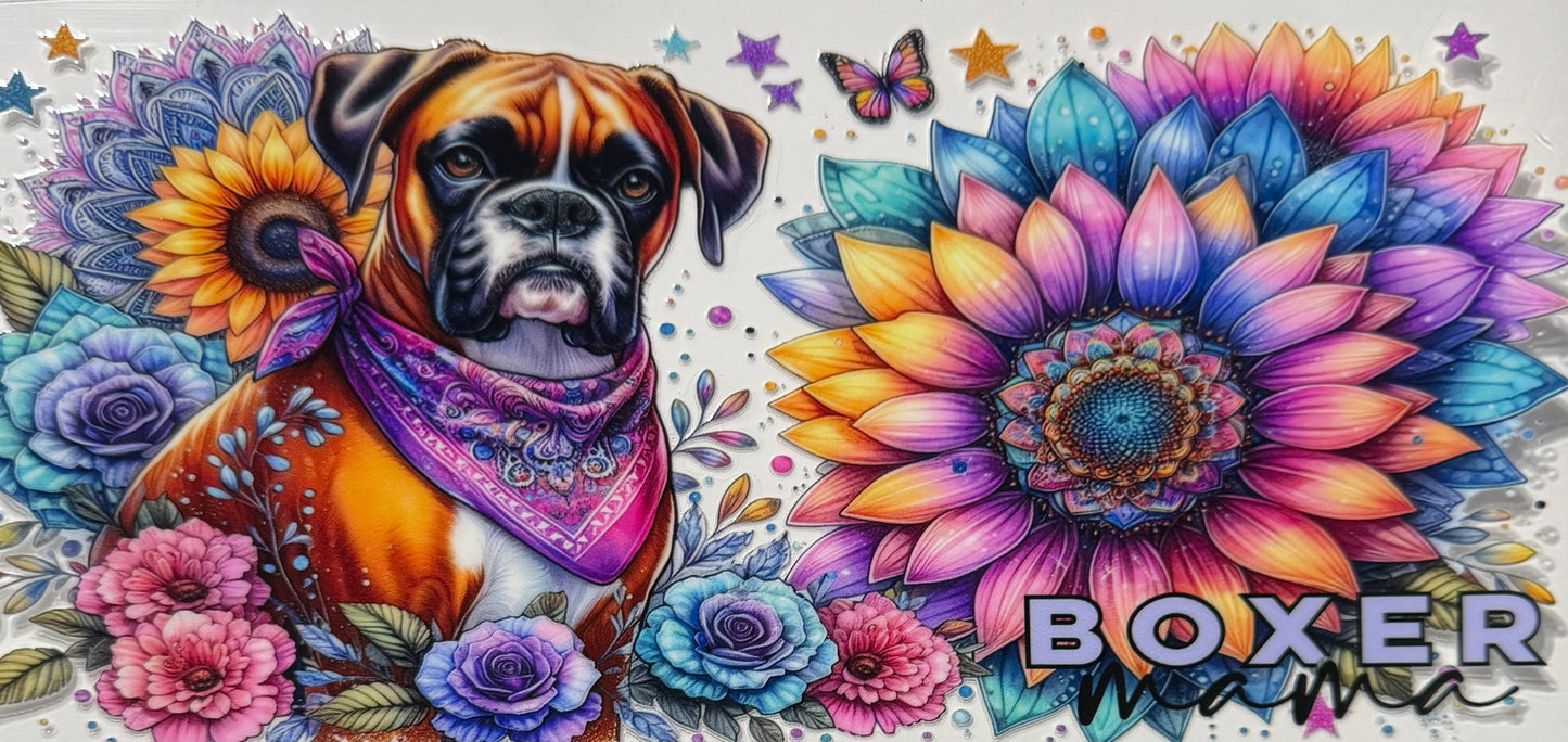 BOXER DOG WITH BIG COLORFUL SUNFLOWER