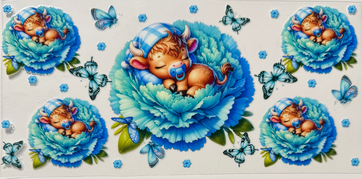 BABY COW ON BLUE FLOWER
