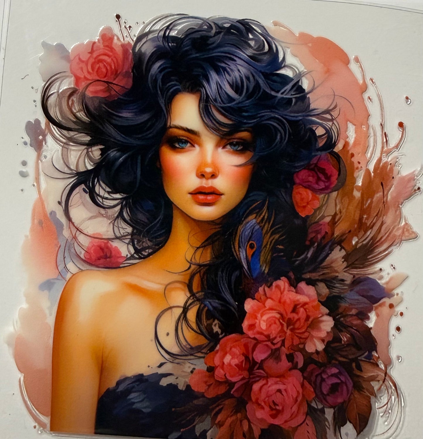 GIRL DARK LONG HAIR RED FLOWERS