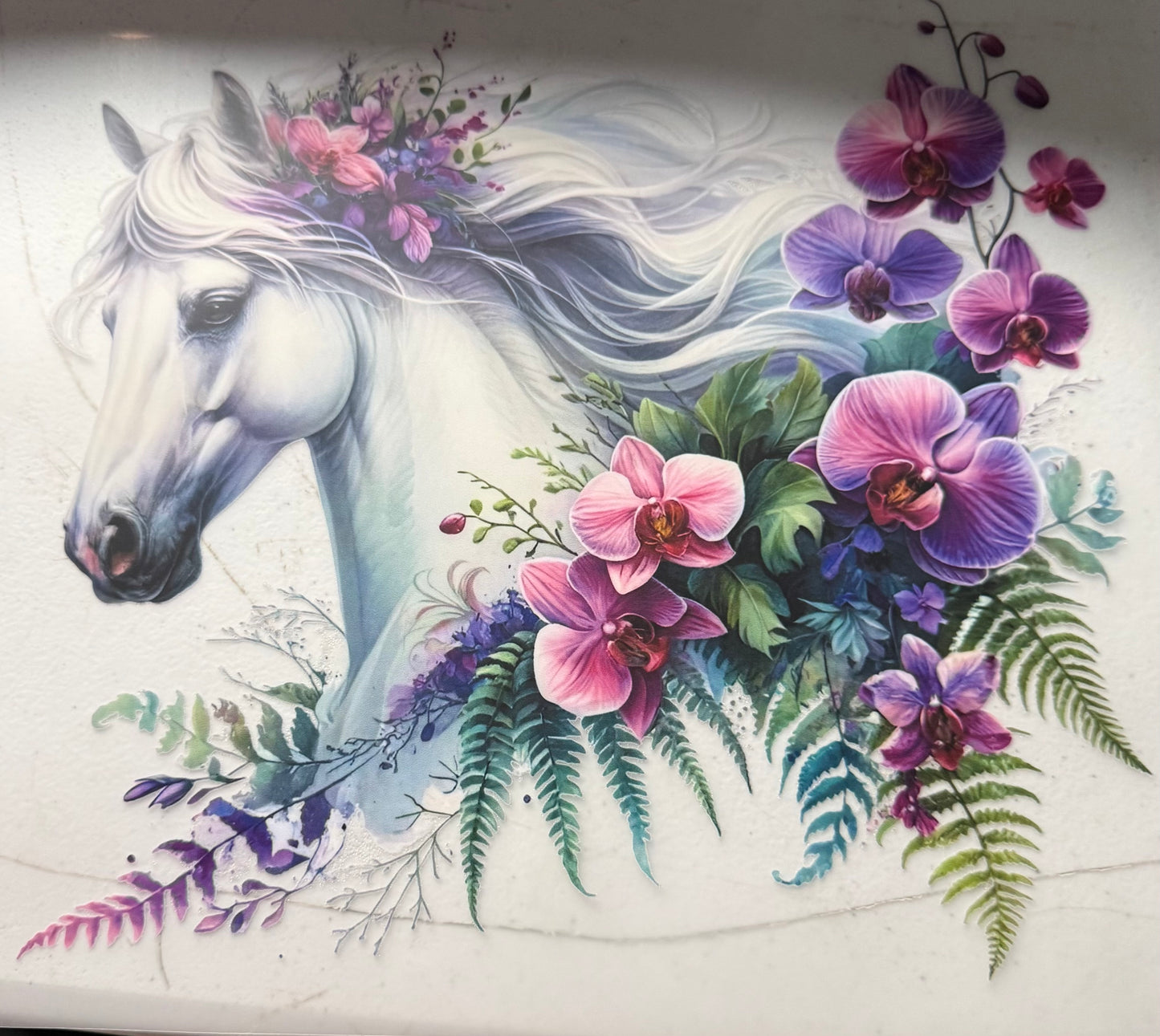 WHITE HORSE WITH FLOWERS