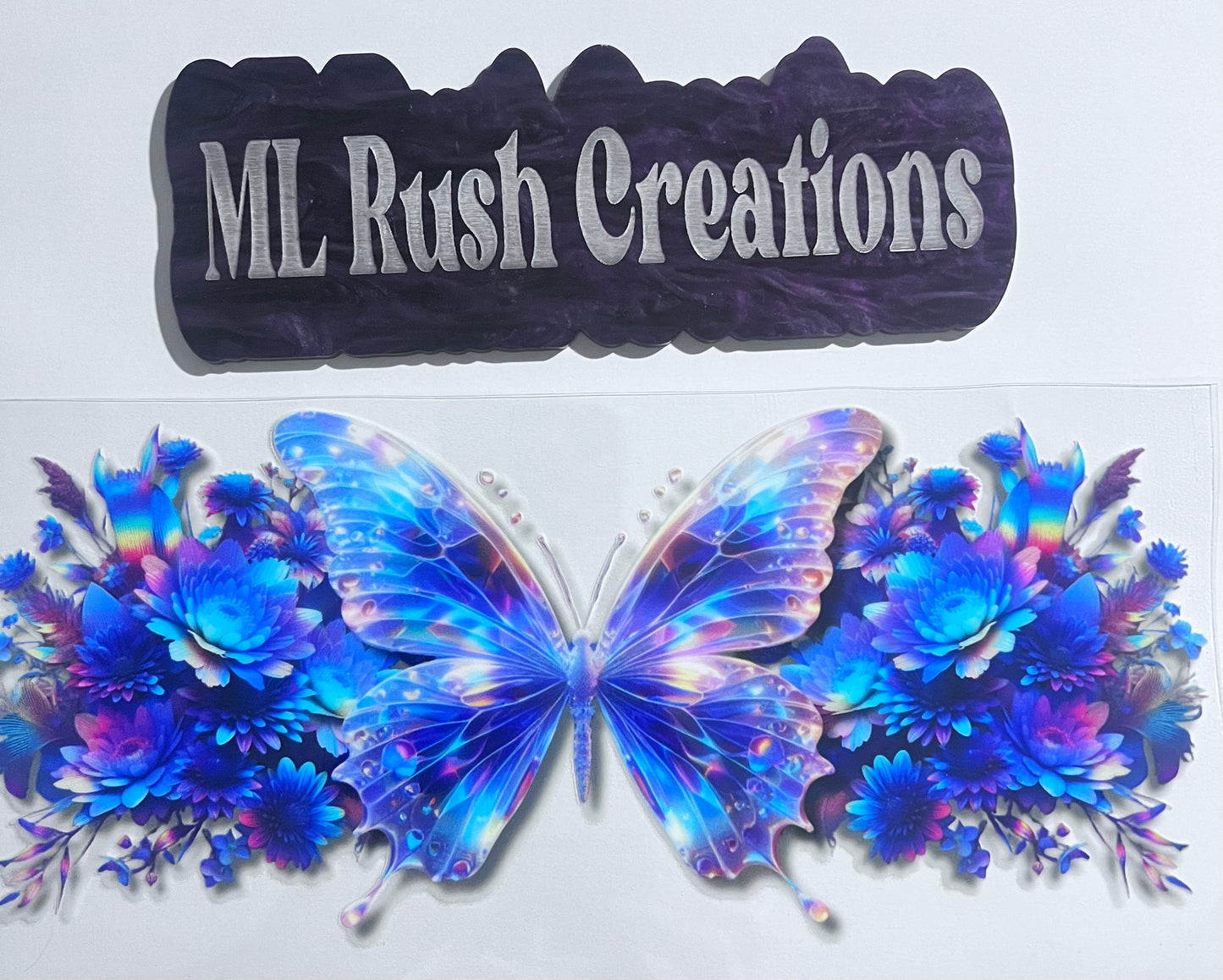 GLITTER BUTTERFLY WITH FLOWERS BLUE AND PURPLE