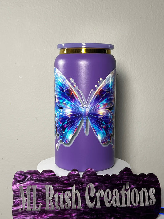 Ready to Ship 16oz Purple Stainless Steel Glass – Gold Rim + Butterfly Decal