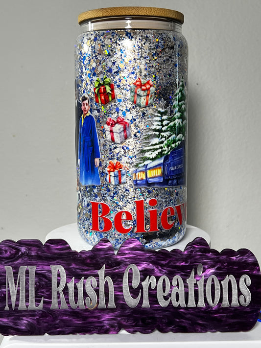 Ready to Ship 16oz Glass Snow Globe Cup – Polar Express Decal + Bamboo Lid