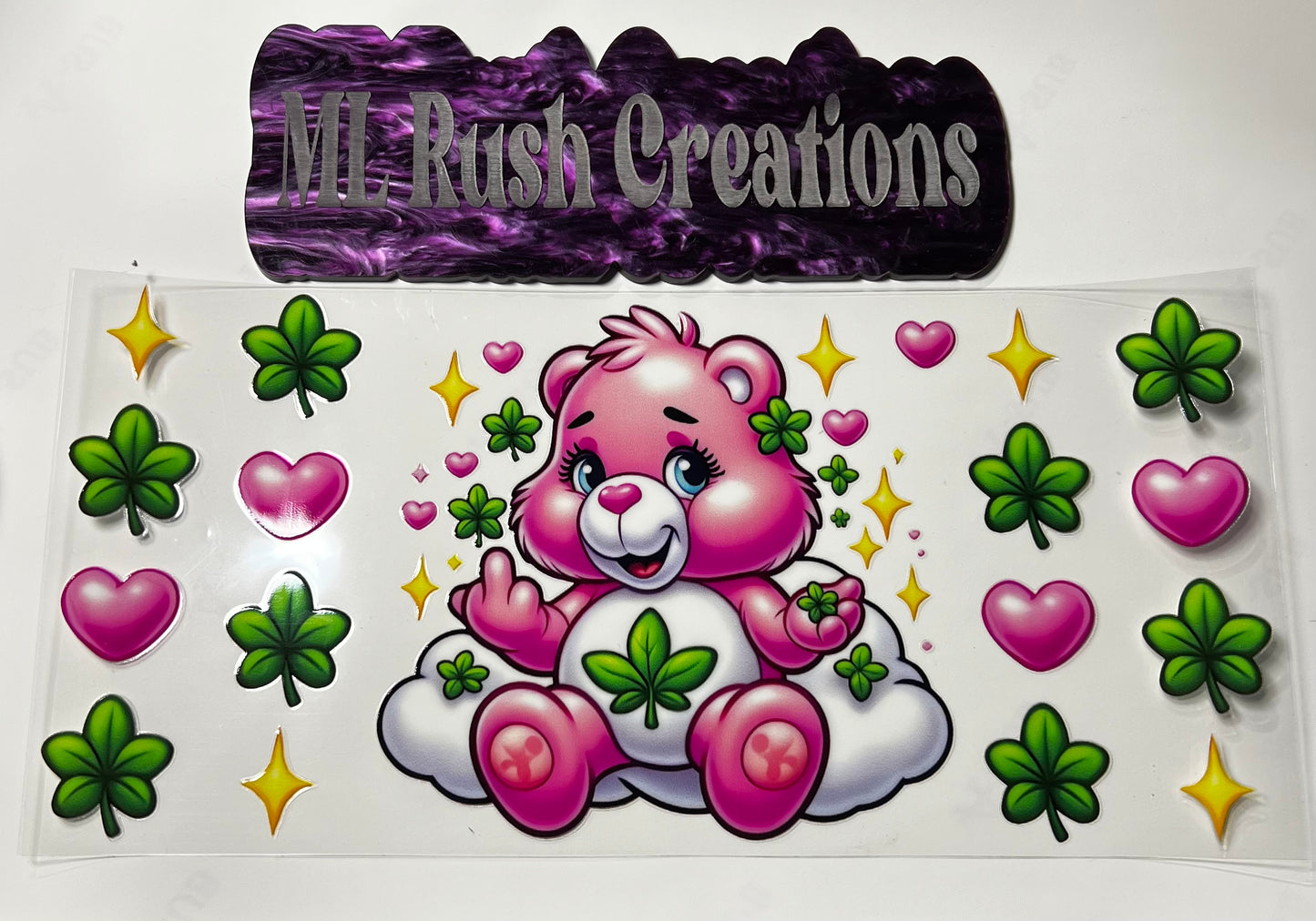 Pink Care Bear with Green leafs Hearts Decal