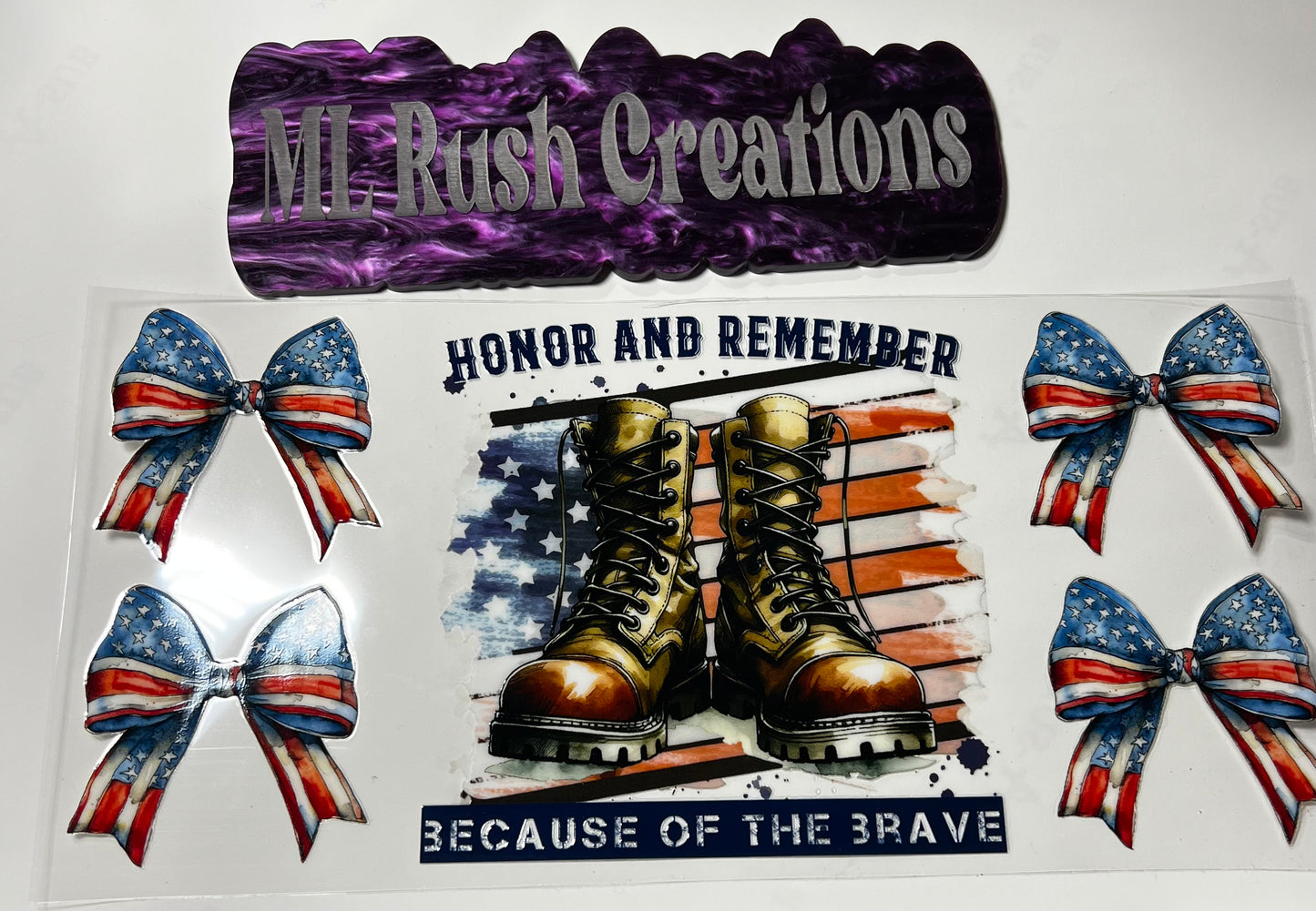 Honor and Remember with Army Boots & Red, White & Blue Bows Decal