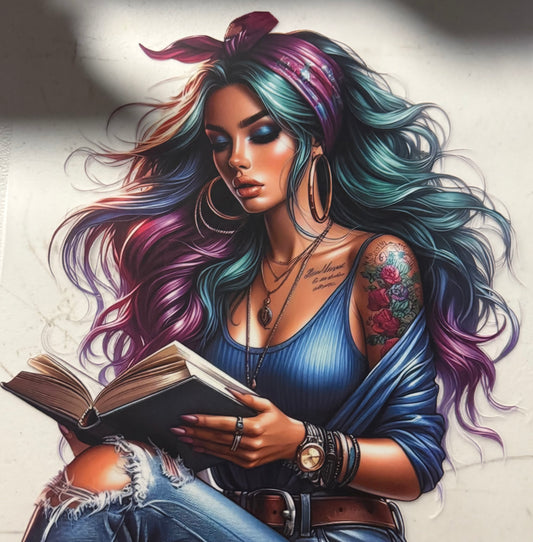 BLUE AND PURPLE GIRL READING BOOK