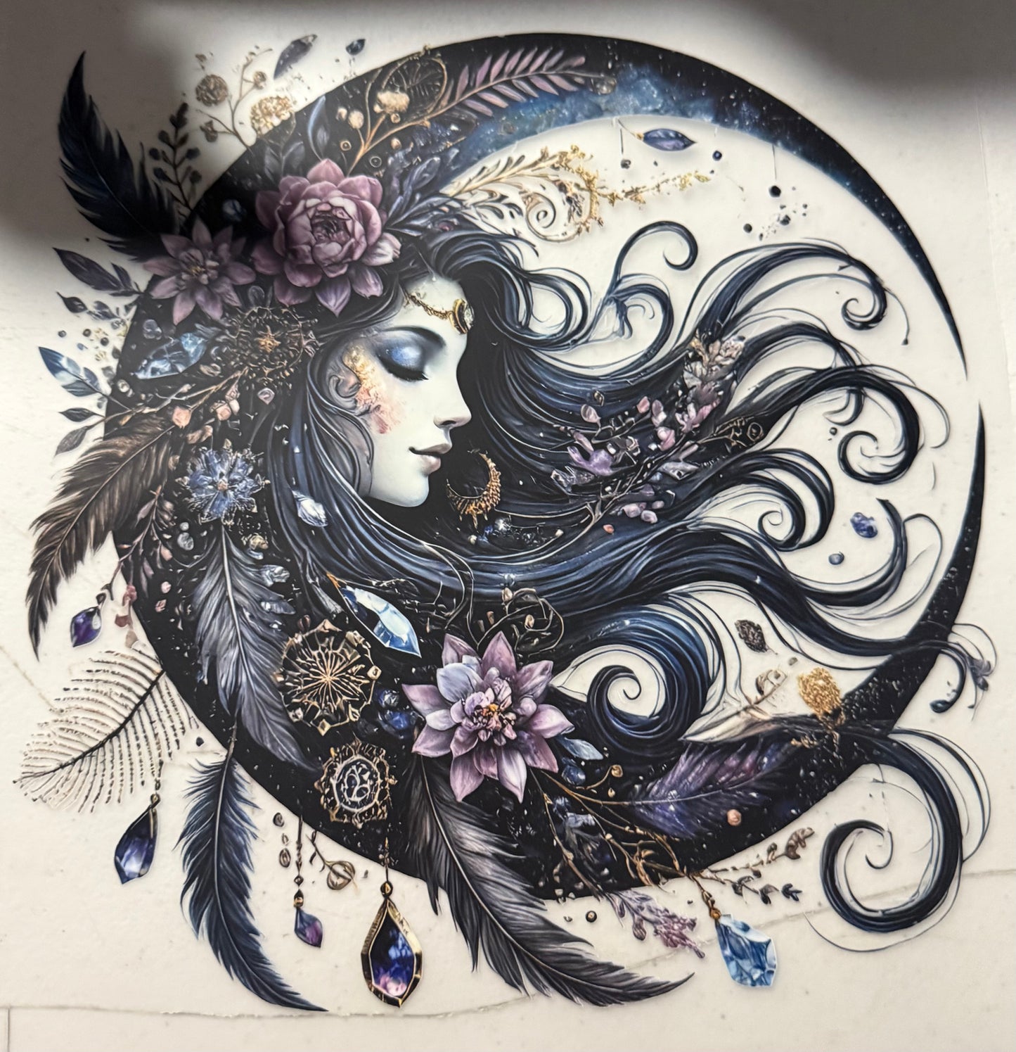 MOON WITH WOMAN AND FEATHERS