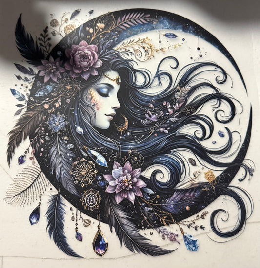 MOON WITH WOMAN AND FEATHERS