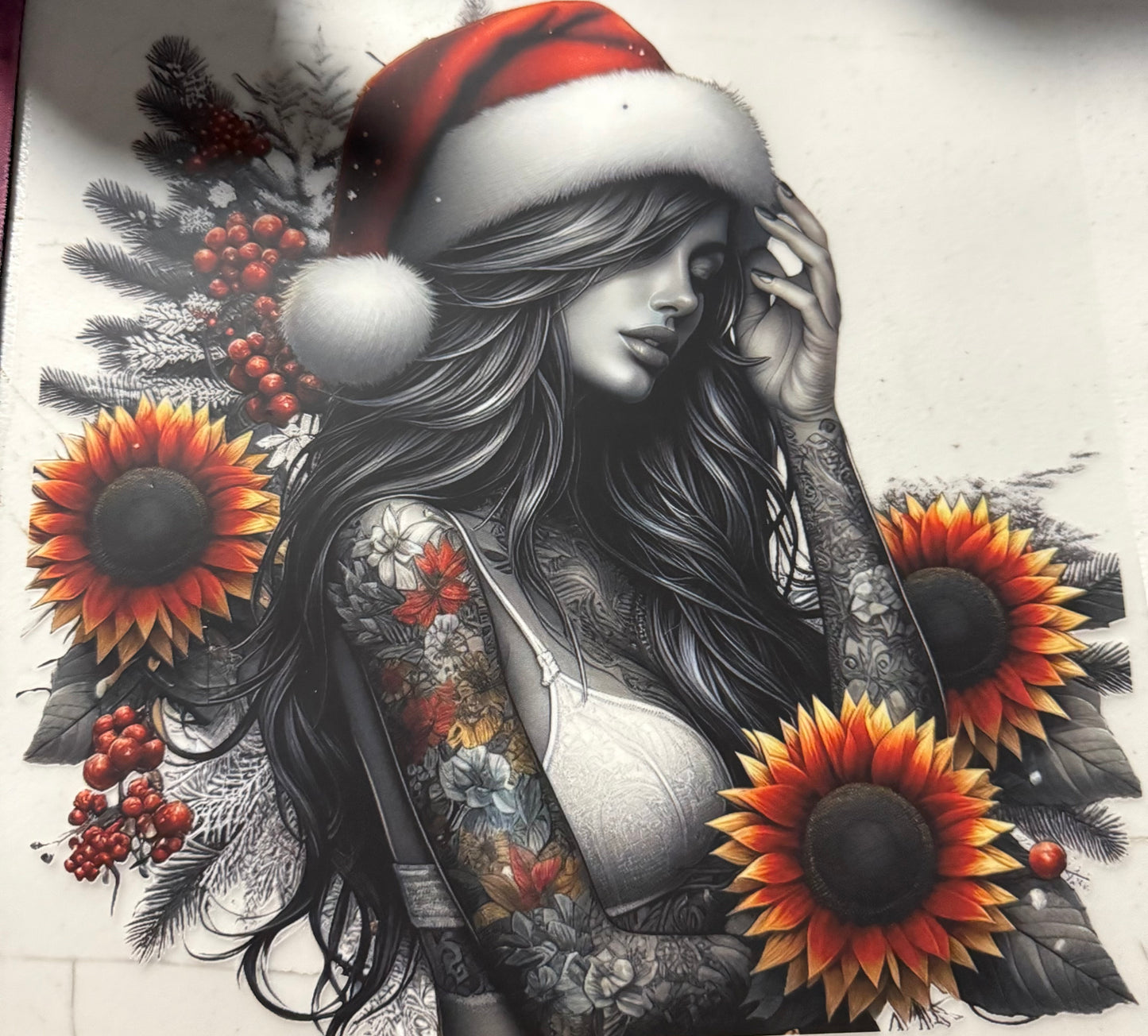 TATTOO GIRL RED SANTA HAT SUNFLOWERS