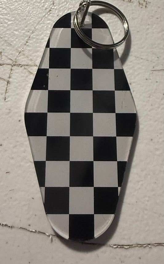 BLACK AND WHITE CHECKERED MOTEL KEYCHAIN