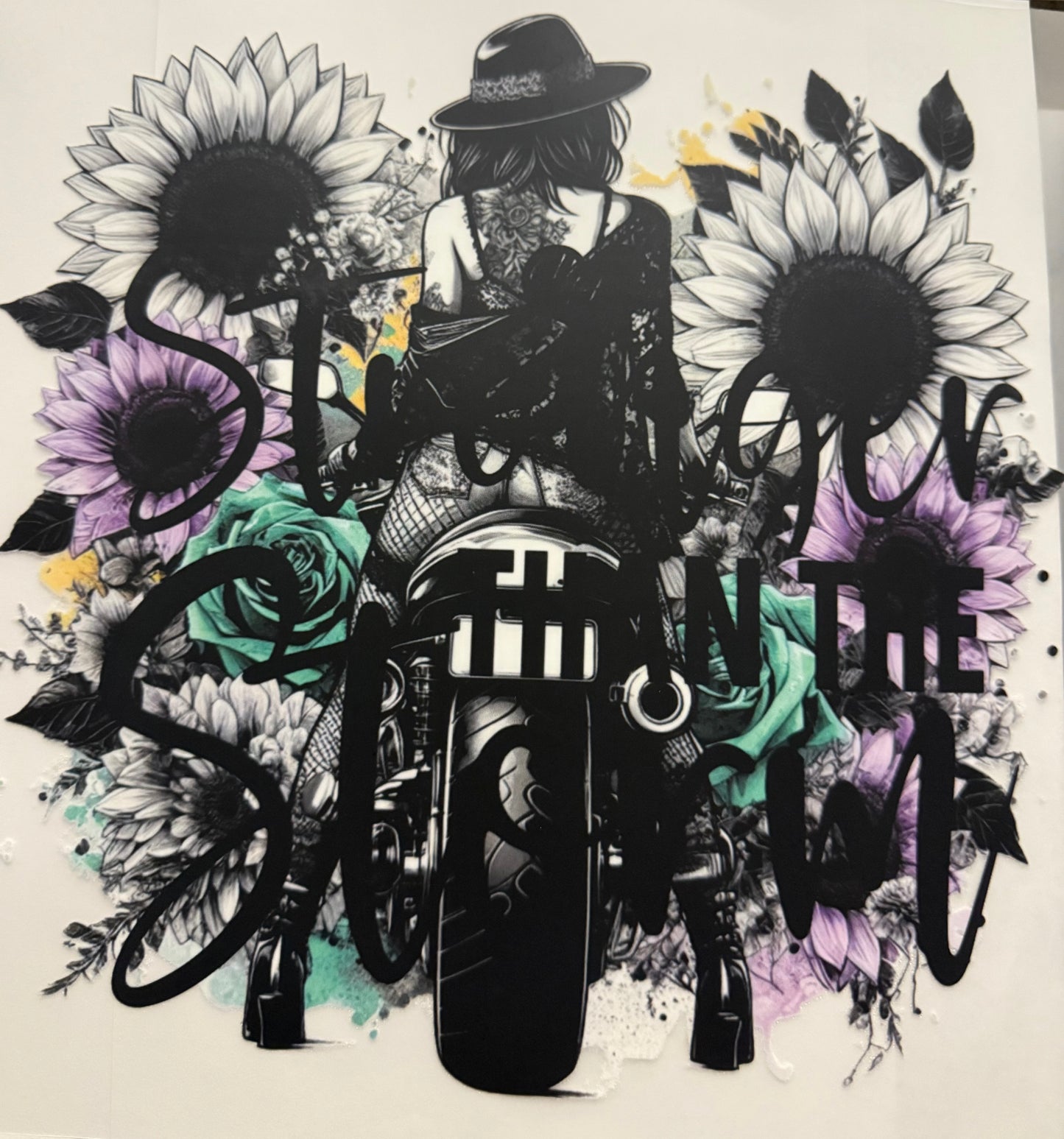 GIRL ON MOTORCYCLE WITH FLOWERS