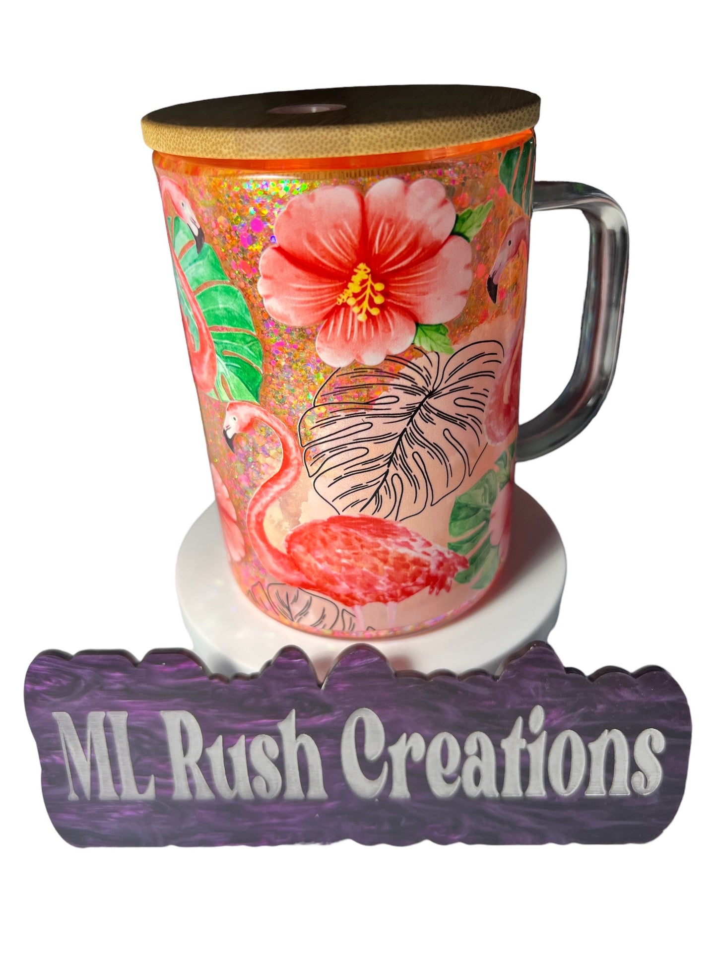 Flamingo Glass Coffee Mug with handle and bamboo lid