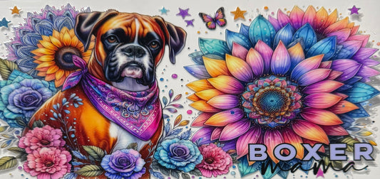 BOXER DOG WITH BIG COLORFUL SUNFLOWER