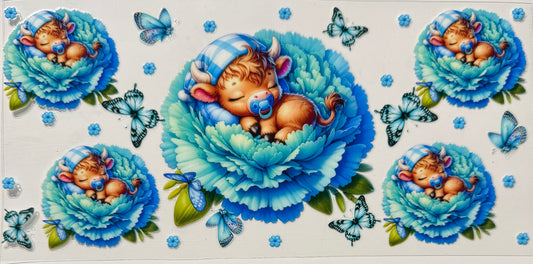 BABY COW ON BLUE FLOWER