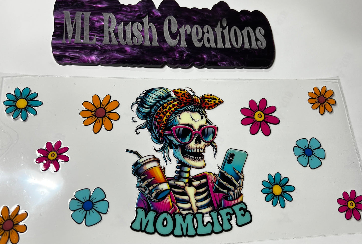 Skeleton Mom Holding Coffee Cup with Flowers Mom Life Decal