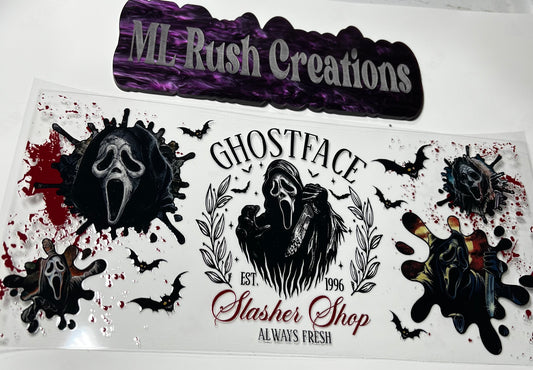 Ghost Face Slasher Shop with Ghost Faces Around It Decal