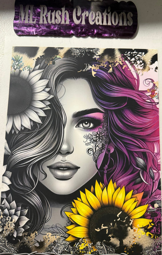 GIRL WITH PURPLE HAIR AND SUNFLOWERS