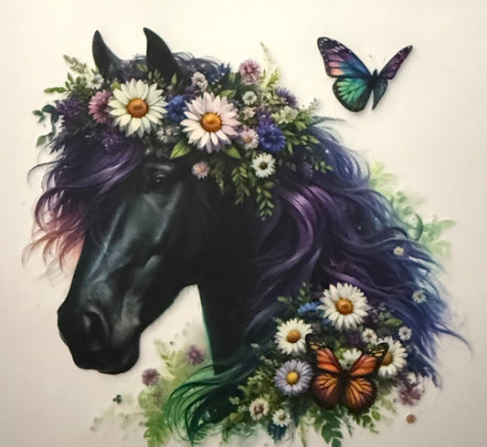 BLACK HORSE WITH FLOWERS