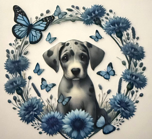 GREY PUPPY BLUE FLOWERS