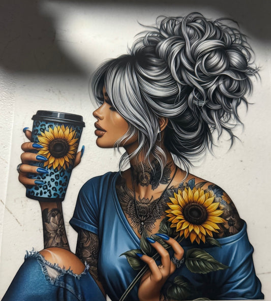 TATTOO GIRL WITH SUNFLOWERS AND COFFEE