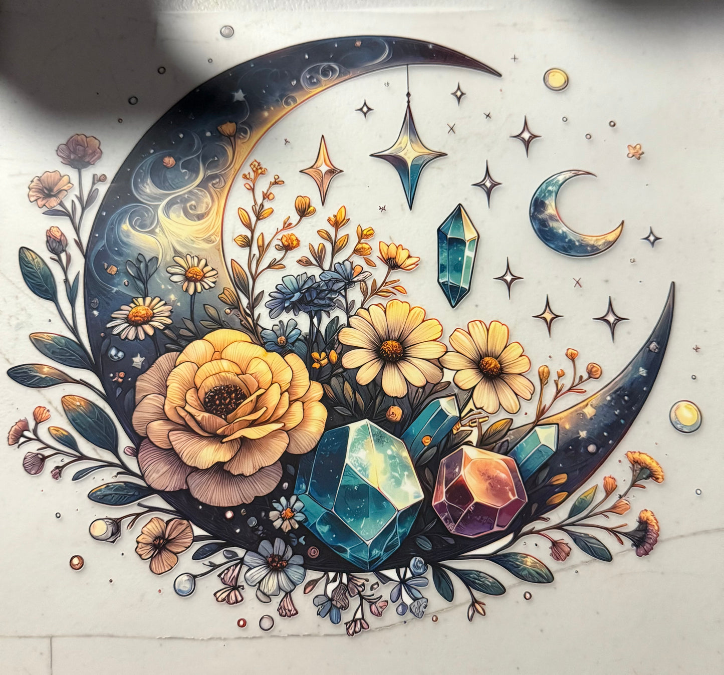 MOON WITH FLOWERS AND CRYSTALS