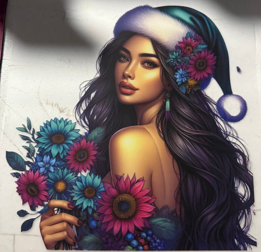 GREEN SANTA HAT GIRL FLOWERS