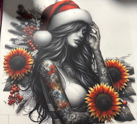 TATTOO GIRL RED SANTA HAT SUNFLOWERS