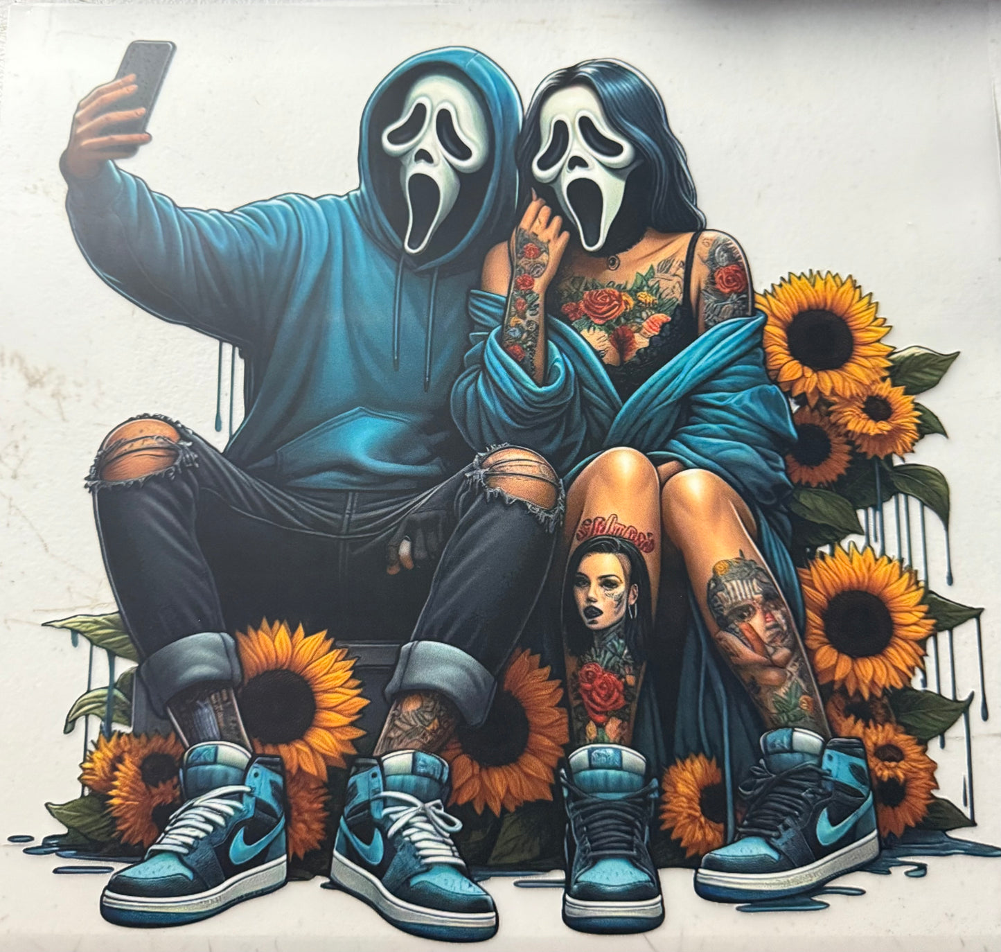 GHOST FACE MAN AND WOMAN SUNFLOWERS