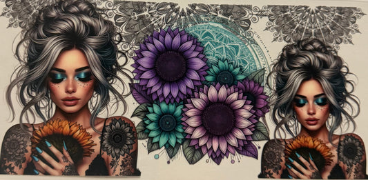 TATTOO GIRL WITH PURPLE PINK TEAL SUNFLOWERS