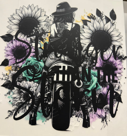 GIRL ON MOTORCYCLE WITH FLOWERS