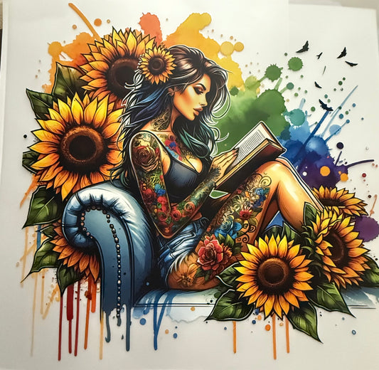TATTOO GIRL READING SUNFLOWERS